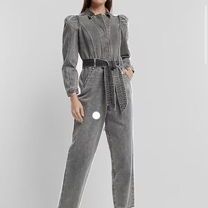 Express Puff Sleeve Tie Waist Pink Wash Denim Jumpsuit